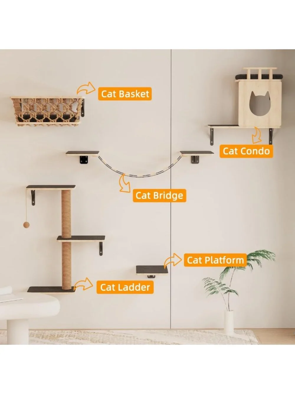 5-in-1 Cat Wall Shelves Set with Hammock, Condo, Bridge & Steps - Indoor Cat